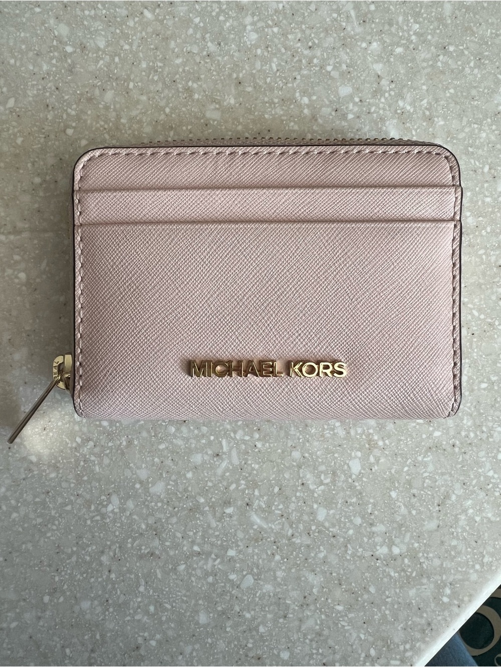 Michael Kors Pale Pink Saffiano Leather Card Case Wallet with Gold Logo
